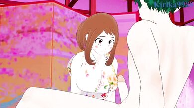 'Sexual tension builds as Ochaco, Uraka and Izuku engage in a steamy three-way tryst in the bedroom!'