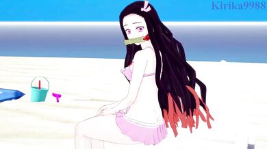 Rewritten as: 'Nezuko Kamado, a demon-slaying warrior, and her lover enjoy passionate sex on the sandy beach surrounded by the ocean waves.'