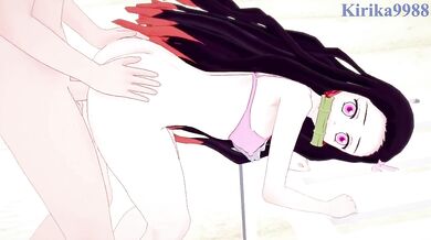 Rewritten as: 'Nezuko Kamado, a demon-slaying warrior, and her lover enjoy passionate sex on the sandy beach surrounded by the ocean waves.'