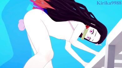 Rewritten as: 'Nezuko Kamado, a demon-slaying warrior, and her lover enjoy passionate sex on the sandy beach surrounded by the ocean waves.'