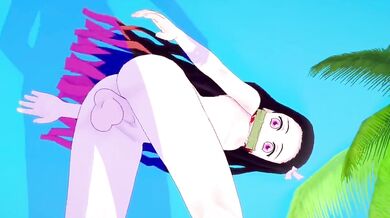 Rewritten as: 'Nezuko Kamado, a demon-slaying warrior, and her lover enjoy passionate sex on the sandy beach surrounded by the ocean waves.'