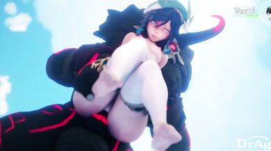 "A sexy lady with a huge rack and a pair of curvy hips bounces on top of two dudes in a hot tub."