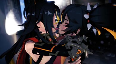 The flame-haired beauties Dehya and Xinyan ignite their passionate makeout session, with Miruno directing the action.