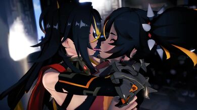 The flame-haired beauties Dehya and Xinyan ignite their passionate makeout session, with Miruno directing the action.