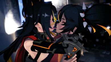 The flame-haired beauties Dehya and Xinyan ignite their passionate makeout session, with Miruno directing the action.