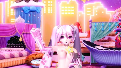 Miku, the nude dancer, laughs out loud in LoL as she dances.