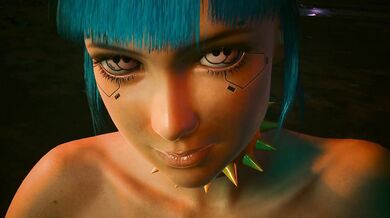 'Bluemooon as Rogue Amendiares and Vincent (as Johnny Silverhand) engage in a passionate love scene in the moonlight.'