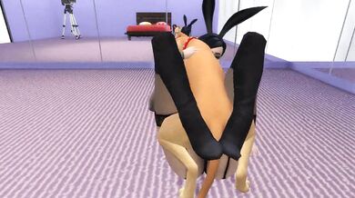 'Busty Bunny Girl Rides Wildly On Two Big Dogs'