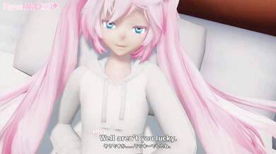 Miku the Vocaloid seduces a simpleton with her seductive dance moves in Rave MMD.