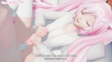 Miku the Vocaloid seduces a simpleton with her seductive dance moves in Rave MMD.
