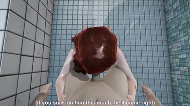 "Sultry secretary seducing her boss in the company restroom for a wild bathroom blowjob."