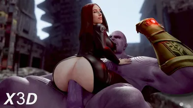 "Watch as Black Widow rides Thanos in a cowgirl style, with the sound of his moans echoing through her mind!"