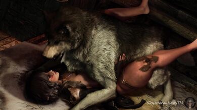 'Big-breasted Milf takes a huge cock in her bed while being fucked by two huskies.'