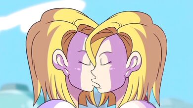 The android named 18 is having a self-cestual moment where she is kissing herself in the mirror.