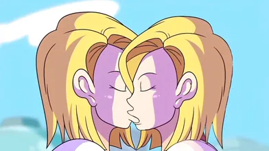 The android named 18 is having a self-cestual moment where she is kissing herself in the mirror.