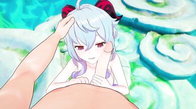 'Chris Flandre gets an affectionate hand job from his sexy neighbor Ganyu in this Hentai Porn Video.'