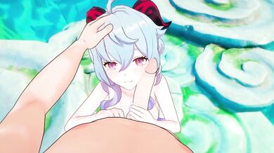 'Chris Flandre gets an affectionate hand job from his sexy neighbor Ganyu in this Hentai Porn Video.'