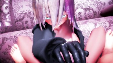 Silver-haired girl rides Mozuku, a giant mushroom with a penis, in a forest clearing surrounded by lustful trees.