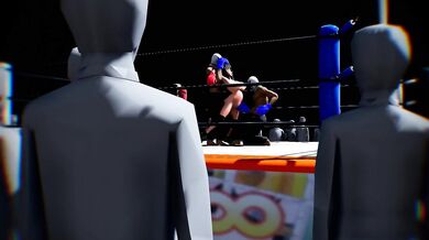 "Two muscular fighters are currently pounding each other in a passionate, sweaty and intense boxing match inside the ring."