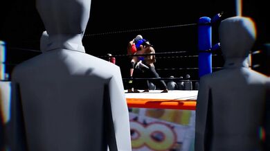 "Two muscular fighters are currently pounding each other in a passionate, sweaty and intense boxing match inside the ring."