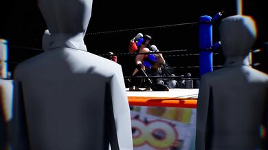 "Two muscular fighters are currently pounding each other in a passionate, sweaty and intense boxing match inside the ring."