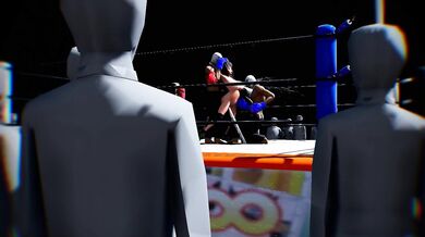 "Two muscular fighters are currently pounding each other in a passionate, sweaty and intense boxing match inside the ring."