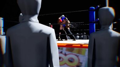 "Two muscular fighters are currently pounding each other in a passionate, sweaty and intense boxing match inside the ring."