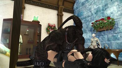 Miko is having fun with her statue, which has a large penis.