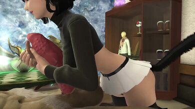 The Naughty Miko - Miqote Masturbates with a Big Penis and Breasts