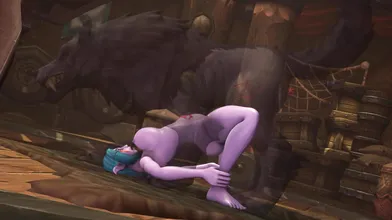 A sexy night elf is ravaged by an alpha worg while Bonkerz and Honkerz watch in the background.
