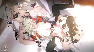 Rewritten as: "Horny hotties Kiana and Coralie go down on sexy Helia with their stiff chopsticks in Chopsticker"