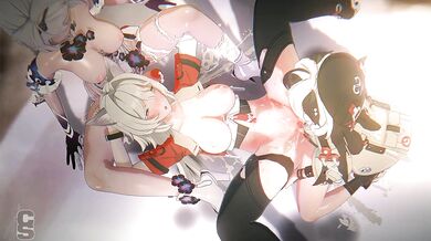 Rewritten as: "Horny hotties Kiana and Coralie go down on sexy Helia with their stiff chopsticks in Chopsticker"