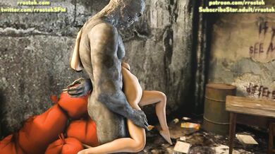 The regenerating creature's stiff appendage penetrated her tight vagina, causing Kitana's abdomen to swell as she was fucked hard.