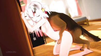 Watch as Nakiri Ayame gets intimate with her dog while dressed in a sexy outfit, in this hot and steamy hentai porn video!