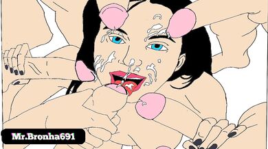 'Massive multiple penetration - A seductive beauty takes on three massive dicks at once.'