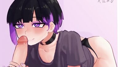 "Mouth-watering, jaw-dropping blowjob with a cute boy and a mysterious hooded figure [Kumo125]."