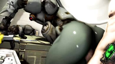 [Hentai Fallout XXX Parody Scene] Assaultron and Nate fuck Scrungusbungus while wearing Power Armor in a post-apocalyptic world.