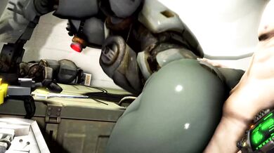 [Hentai Fallout XXX Parody Scene] Assaultron and Nate fuck Scrungusbungus while wearing Power Armor in a post-apocalyptic world.