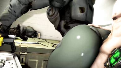 [Hentai Fallout XXX Parody Scene] Assaultron and Nate fuck Scrungusbungus while wearing Power Armor in a post-apocalyptic world.