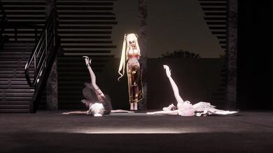 "Two nymphs sway to the music, their bodies moving in perfect synchrony as they grind against each other."
