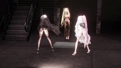 "Two nymphs sway to the music, their bodies moving in perfect synchrony as they grind against each other."