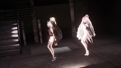 "Two nymphs sway to the music, their bodies moving in perfect synchrony as they grind against each other."
