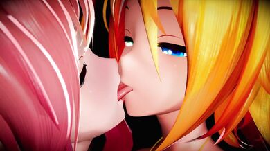 "Loving embraces of lesbian Vocaloids, passionate kisses in French."