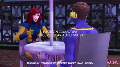 '"Jean Grey, Storm and Wolverine in the bathroom while the Cyclops waits for her in the restau"'