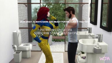 '"Jean Grey, Storm and Wolverine in the bathroom while the Cyclops waits for her in the restau"'