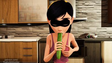 "Porn-star, Vi, takes her cucumber and starts to play..."