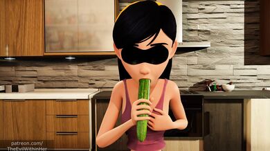 "Porn-star, Vi, takes her cucumber and starts to play..."