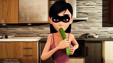 "Porn-star, Vi, takes her cucumber and starts to play..."