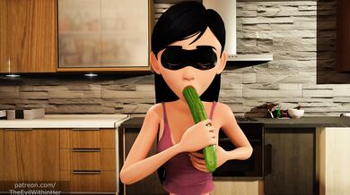 "Porn-star, Vi, takes her cucumber and starts to play..."