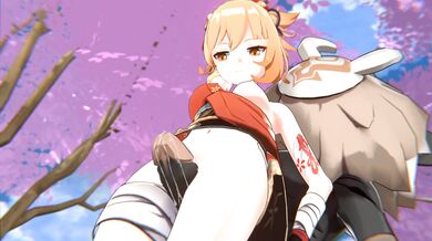 A hot girl with a big orange donut gets fucked on the rooftop of Yoimiya High.